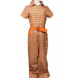Smiffys 70s Style Printed Polyester Bell Bottom Jumpsuit Orange Belt Small ds